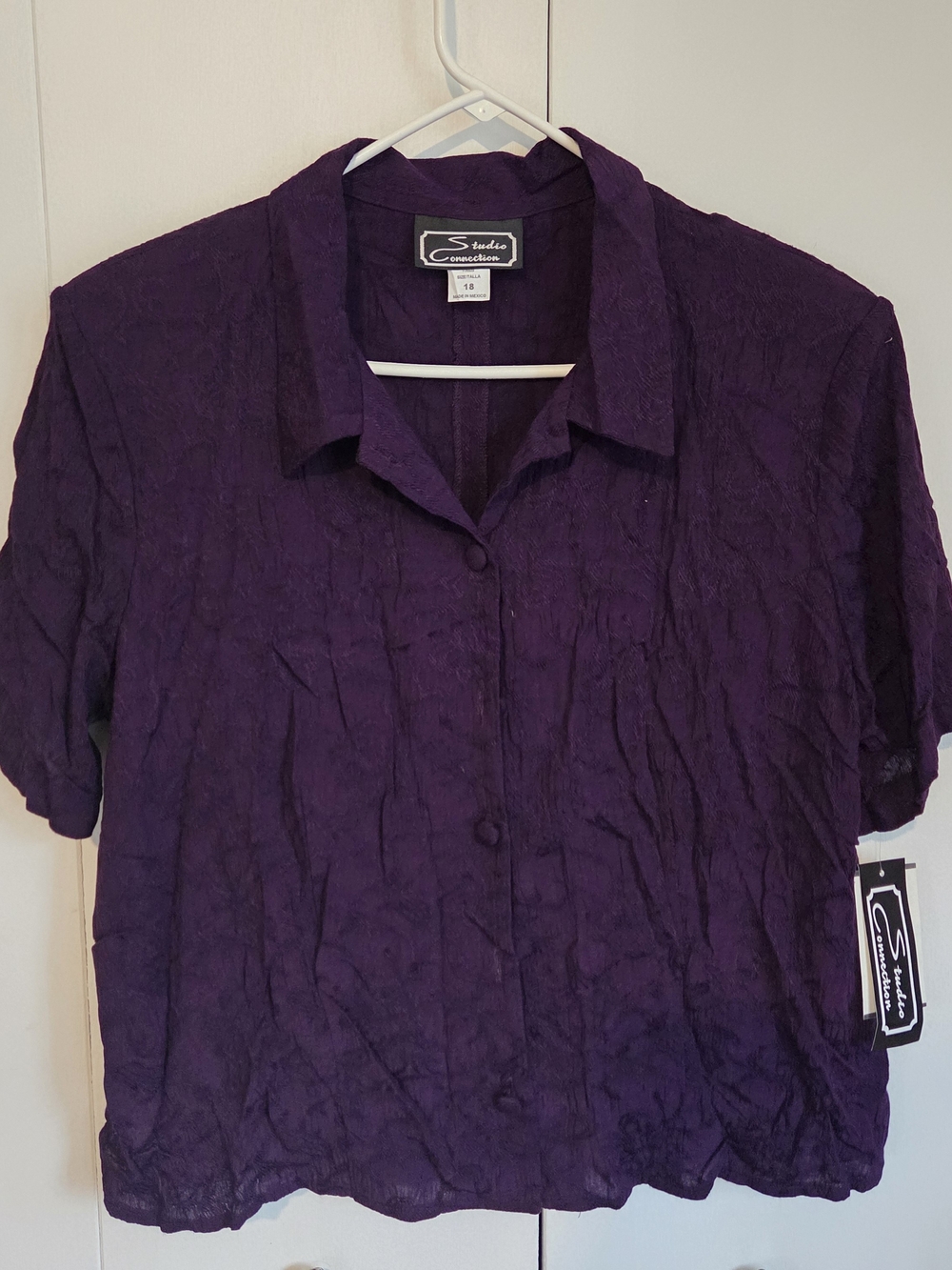 Studio Connection Eggplant Purple Crinkle Blouse Button Down Top NWT Plus 18